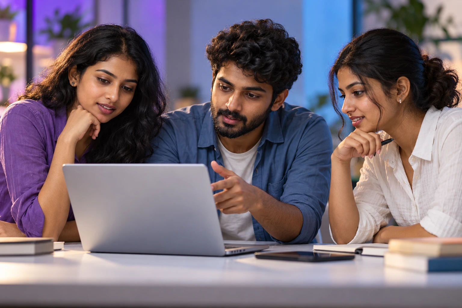 Illustrative scene of learners working together around a laptop